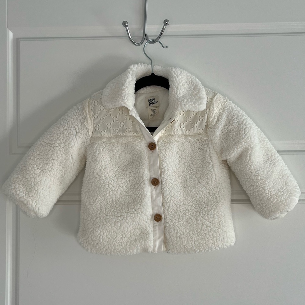 Baby B’gosh Girls 18M White Fleece Button Front Jacket Eyelet Trim